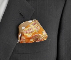 100% Silk Pocket Square Tan Polka Dots With Orange Paisleys 12.5in -Fashion Formal Wear Store 001 13 6 04522.1609067500