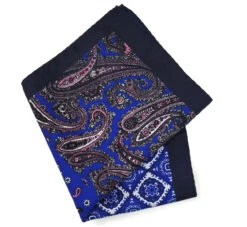 100% Silk Pocket Square - Navy & Pink Paisley & Royal Blue Medallion Design 12.5 X 12.5