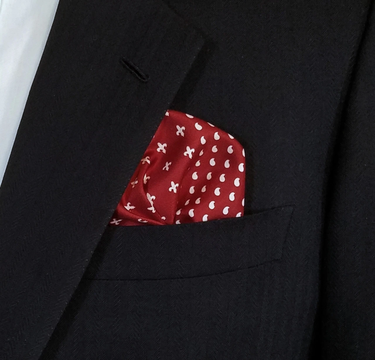 100% Silk Pocket Square - Ruby Red & White Dots & Fleur De Lis 12.5in 5 100% Silk Pocket Square - Ruby Red & White Dots & Fleur De Lis 12.5in - Image 3