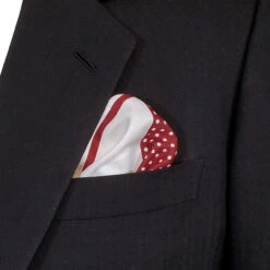 100% Silk Pocket Square - Ruby Red & White 4 Panel Dot & Stripe 12.5in -Fashion Formal Wear Store 0050 6 37663.1634669650