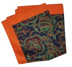 100% Silk Pocket Square - Navy & Green Paisleys With Orange 12.5 X 12.5