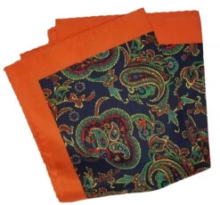 100% Silk Pocket Square - Navy & Green Paisleys With Orange 12.5 X 12.5 -Fashion Formal Wear Store 02 63947.1603169408