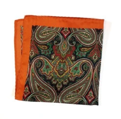 100% Silk Pocket Square - Orange With Navy & Green Paisleys 12.5 X 12.5