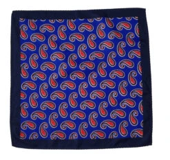 100% Silk Pocket Square - Royal Blue With Big Red Paisleys 12.5 X 12.5 -Fashion Formal Wear Store 16 02 40191.1603481803