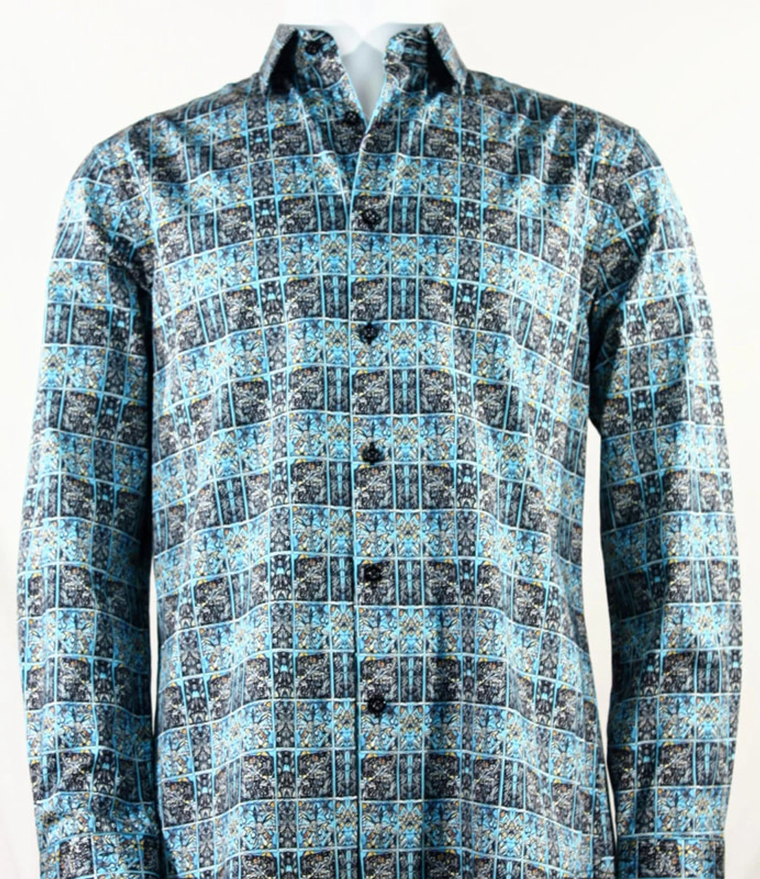 St. Cado Turqoise And Grey Windowpane Fashion Shirt - Button Cuff 3 St. Cado Turqoise And Grey Windowpane Fashion Shirt - Button Cuff