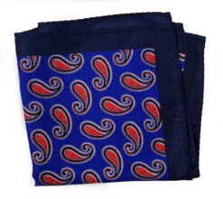 100% Silk Pocket Square - Royal Blue With Big Red Paisleys 12.5 X 12.5
