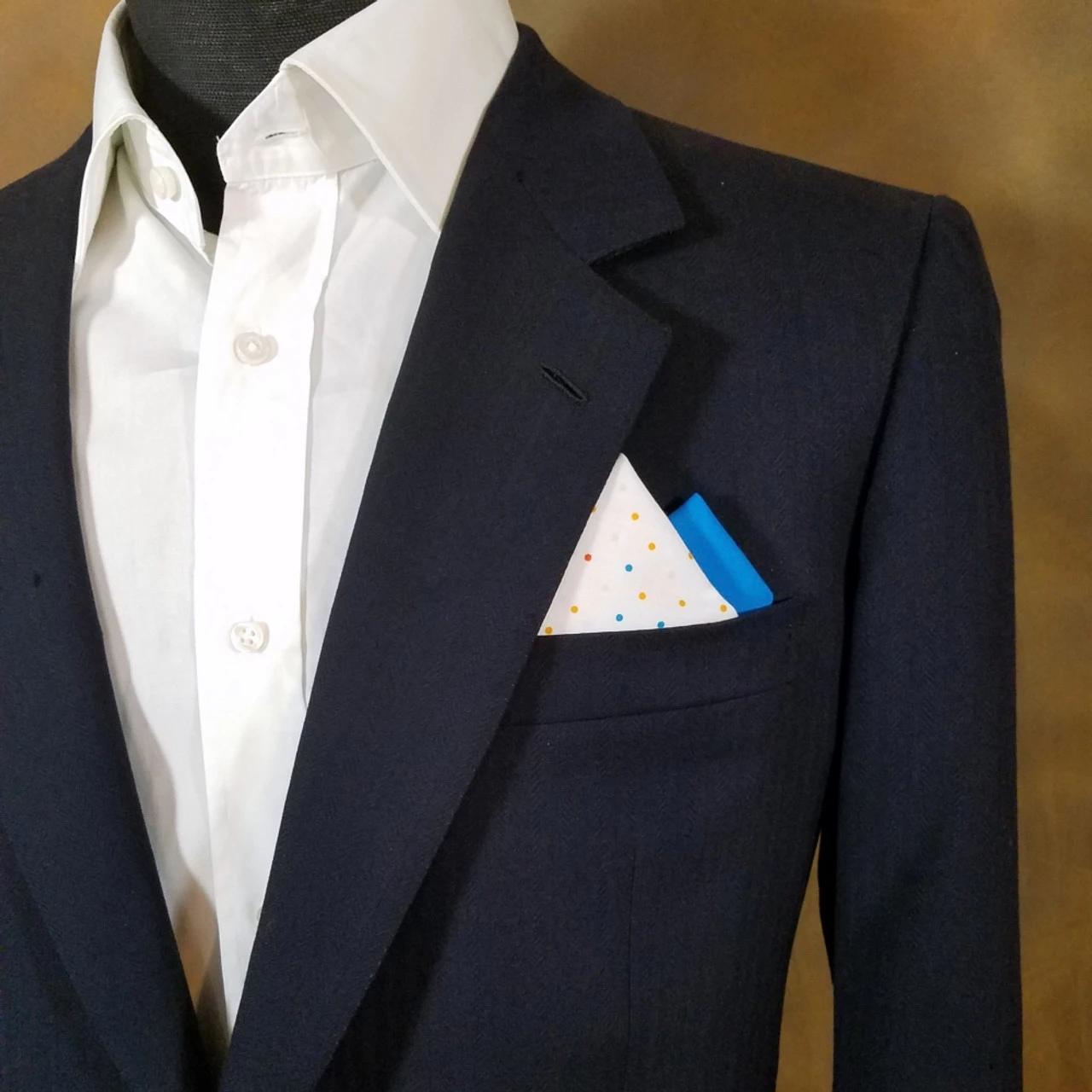 Two-Tone White Dots & Blue 100% Cotton Pre-Folded Pocket Square Insert 4 Two-Tone White Dots & Blue 100% Cotton Pre-Folded Pocket Square Insert - Image 2