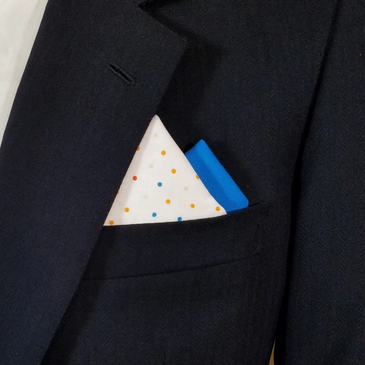 Two-Tone White Dots & Blue 100% Cotton Pre-Folded Pocket Square Insert 3 Two-Tone White Dots & Blue 100% Cotton Pre-Folded Pocket Square Insert