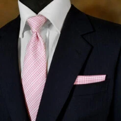 Antonia Silk Tie W/Pocket Square - Pink & White Petite Plaid