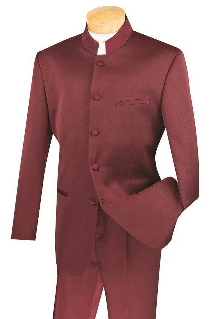 Lucci Banded Collar Fashion Suit - Burgundy 3 Lucci Banded Collar Fashion Suit - Burgundy