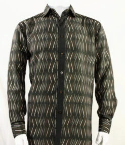 Bassiri Brown Crosshatch Pattern Long Sleeve Camp Shirt