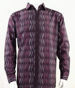 Bassiri Raspberry Crosshatch Pattern Long Sleeve Camp Shirt