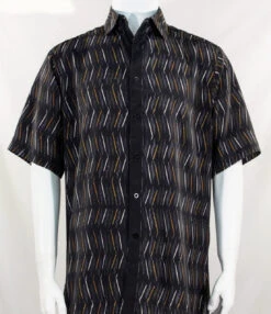 Bassiri Charcoal Dancing Line Design Short Sleeve Camp Shirt