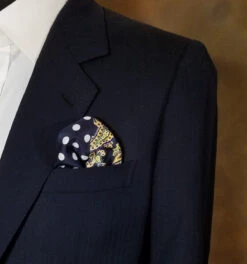 100% Silk Pocket Square Navy Blue Polka Dots With Yellow Paisleys 12.5in -Fashion Formal Wear Store AAPK 002 02 5 77906.1656364719