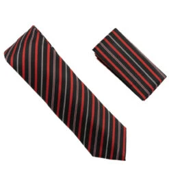Antonia 100% Silk Tie W/Pocket Square - Red Multi Stripes On Black