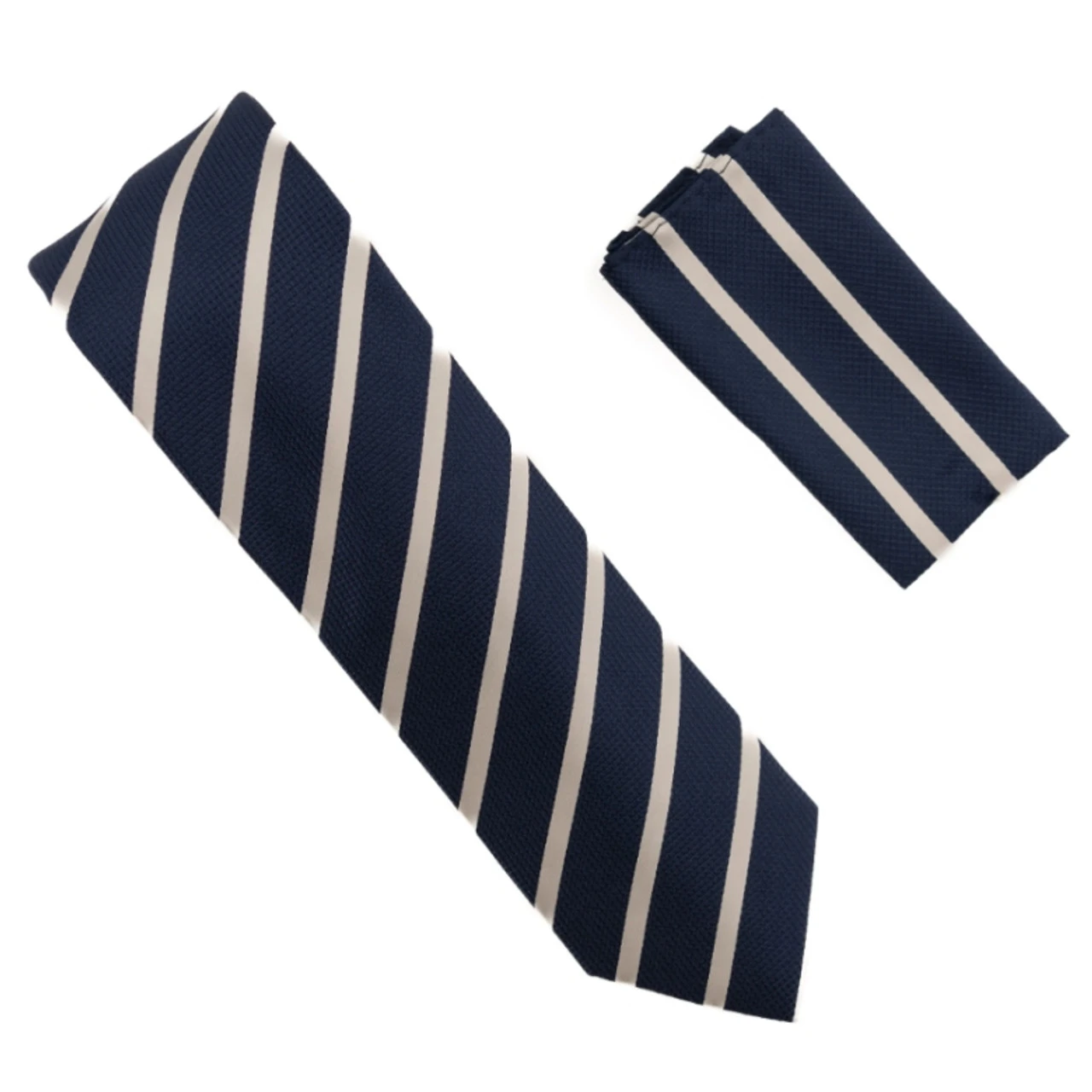 Antonia 100% Silk Tie W/Pocket Square - Cream Tone Stripes On Navy 3 Antonia 100% Silk Tie W/Pocket Square - Cream Tone Stripes On Navy