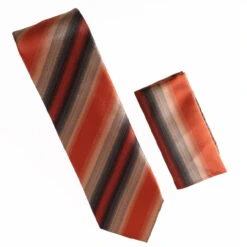 Antonia 100% Silk Tie W/Pocket Square - Copper & Charcoal Blended Stripes