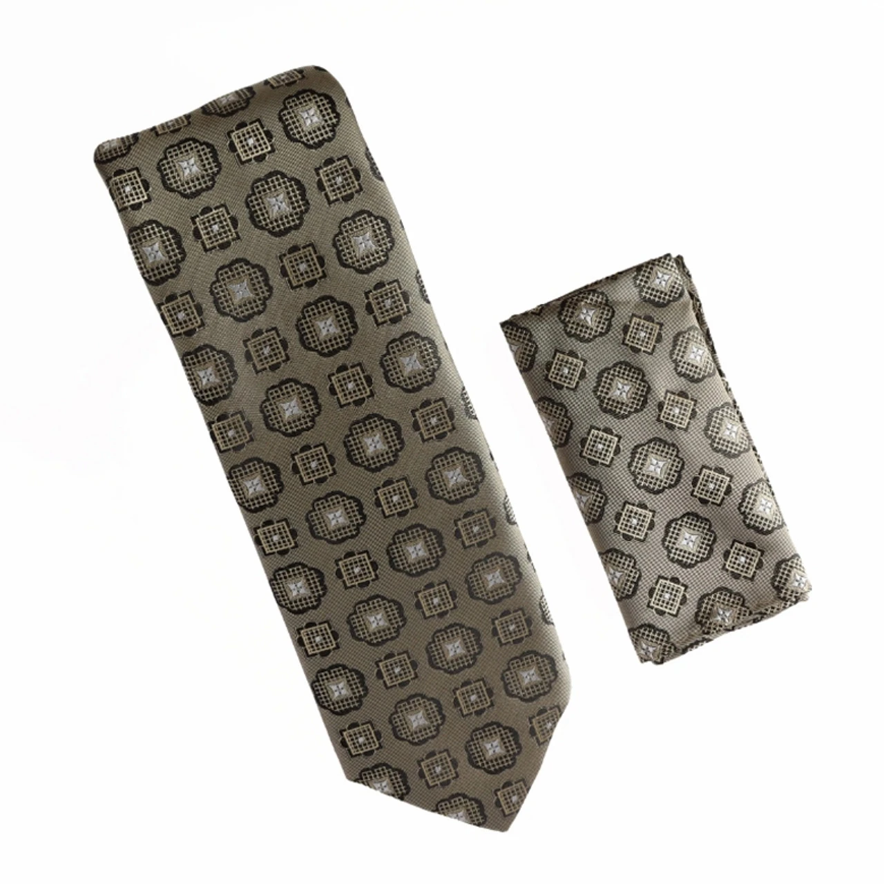 Antonia 100% Silk Tie W/Pocket Square - Brown & Tan Medallion Design 3 Antonia 100% Silk Tie W/Pocket Square - Brown & Tan Medallion Design