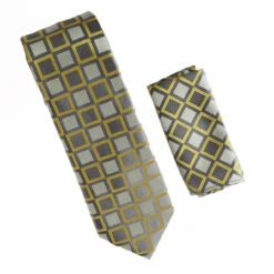 Antonia 100% Silk Tie W/Pocket Square - Grey With Yellow Box Design