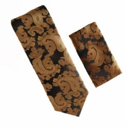 Antonia 100% Silk Tie W/Pocket Square - Brown & Copper Paisley