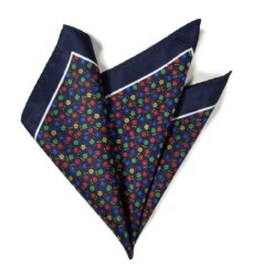 100% Silk Pocket Square - Navy With Petite Multi-Colored Flowers 12.5in