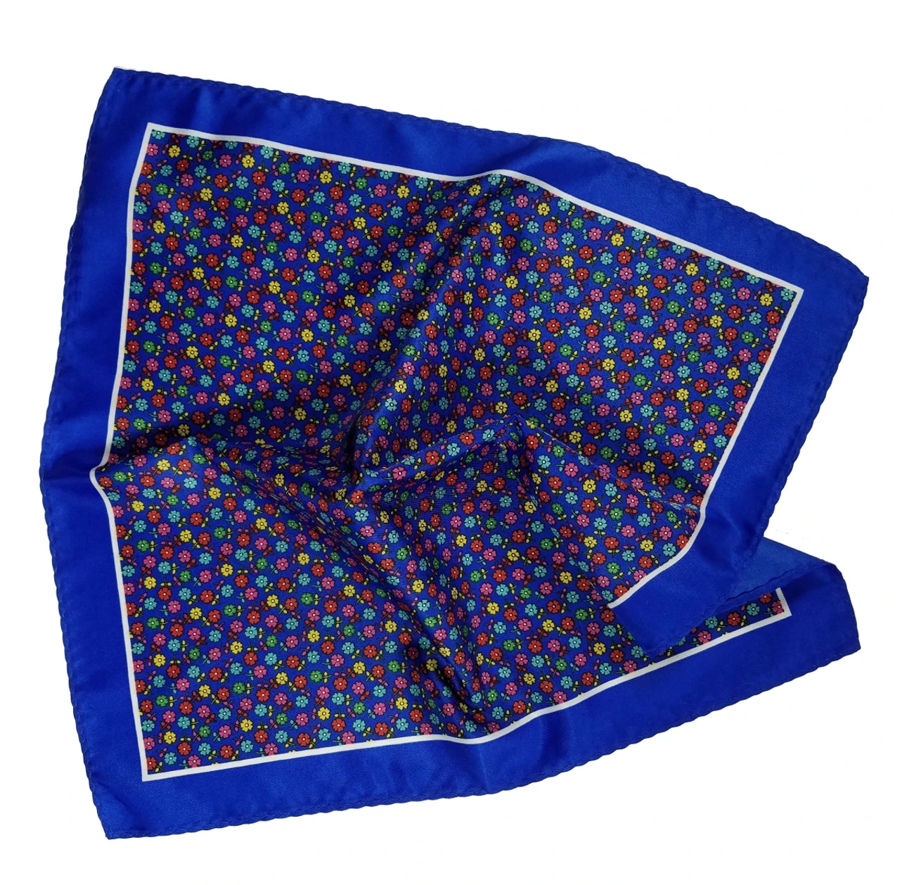 100% Silk Pocket Square - Royal Blue With Petite Multi-Colored Flowers 12.5in 6 100% Silk Pocket Square - Royal Blue With Petite Multi-Colored Flowers 12.5in - Image 4
