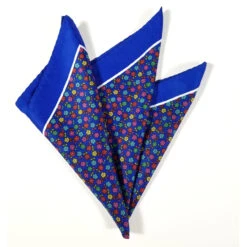 100% Silk Pocket Square - Royal Blue With Petite Multi-Colored Flowers 12.5in