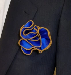 Antonio Ricci 2-in-1 Pouf Round Pocket Square - Royal Blue With Dark Gold Trim