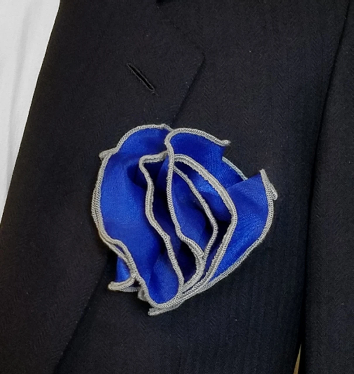 Antonio Ricci 2-in-1 Pouf Round Pocket Square - Royal Blue With Grey Trim 3 Antonio Ricci 2-in-1 Pouf Round Pocket Square - Royal Blue With Grey Trim