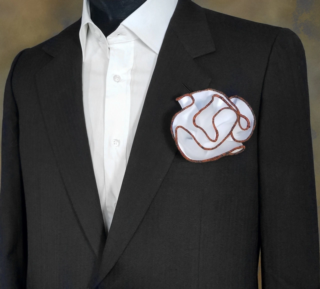 Antonio Ricci 2-in-1 Pouf Round Pocket Square - Black & Orange Blend On White 5 Antonio Ricci 2-in-1 Pouf Round Pocket Square - Black & Orange Blend On White - Image 3