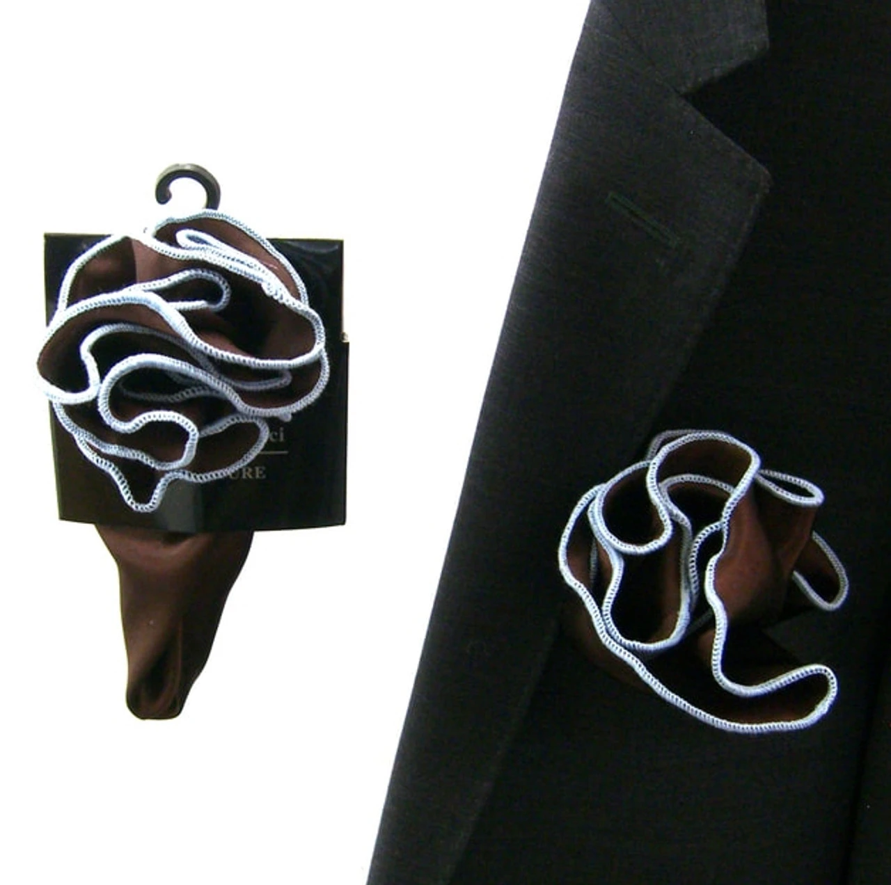 Antonio Ricci 2-in-1 Pouf Round Pocket Square - Baby Blue On Brown 4 Antonio Ricci 2-in-1 Pouf Round Pocket Square - Baby Blue On Brown - Image 2