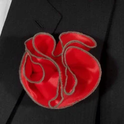 Antonio Ricci 2-in-1 Pouf Round Pocket Square - Charcoal Trim On Cherry Red