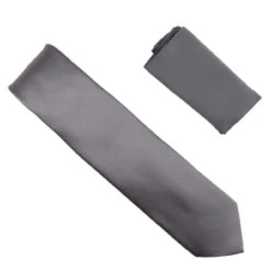 100% Satin Silk Necktie With Pocket Square - Dark Grey