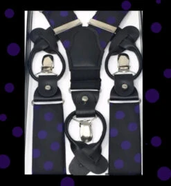 Antonia Button & Clip Stretch Suspenders - Purple Polka Dots On Black