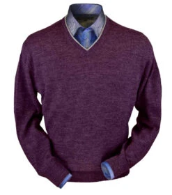 Peru Unlimited 100% Royal Alpaca Contrast V-Neck Sweater - Plum Heather