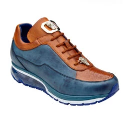 Belvedere Genuine Ostrich And Soft Italian Calf Sneakers -Blue & Tan