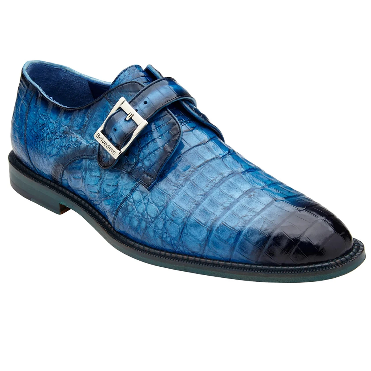 Belvedere Genuine Caiman Crocodile Monk Strap Dress Shoe - Blue 3 Belvedere Genuine Caiman Crocodile Monk Strap Dress Shoe - Blue