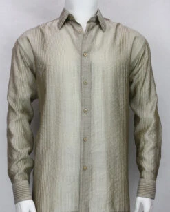 Bassiri Tan Stripe Waffle Design Long Sleeve Camp Shirt