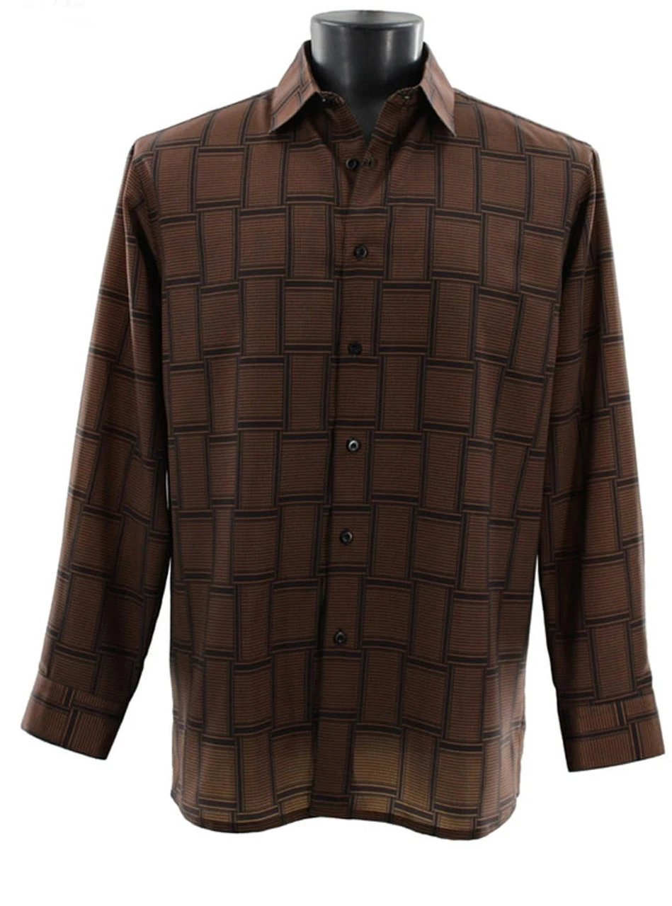 Bassiri Long Sleeve Camp Shirt - Large Basket Weave Pattern - Brown 3 Bassiri Long Sleeve Camp Shirt - Large Basket Weave Pattern - Brown