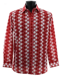 Bassiri Red Abstract Diamonds Long Sleeve Camp Shirt