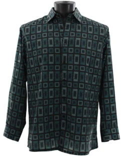 Bassiri Long Sleeve Camp Shirt - Dark Green Rectangle Design