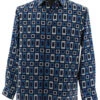 Bassiri Long Sleeve Camp Shirt - Turquoise & Navy Rectangle Design -Fashion Formal Wear Store BSI LSC 6467 31772.1666723171