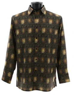 Bassiri Long Sleeve Camp Shirt - Brown Greek Key Design