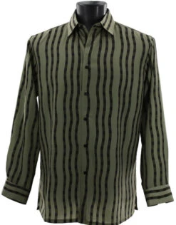 Bassiri Long Sleeve Camp Shirt - Olive & Black Wavy Line Design