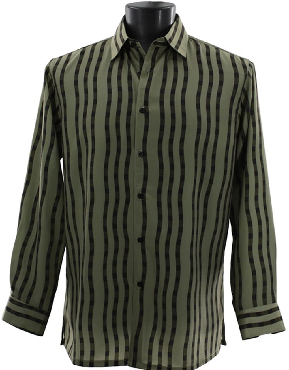 Bassiri Long Sleeve Camp Shirt - Olive & Black Wavy Line Design 3 Bassiri Long Sleeve Camp Shirt - Olive & Black Wavy Line Design