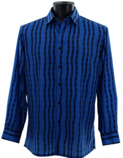 Bassiri Long Sleeve Camp Shirt - Royal Blue & Black Wavy Line Design