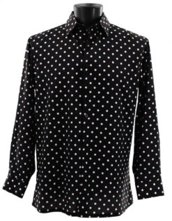 Bassiri White Polka Dot On Black Long Sleeve Camp Shirt