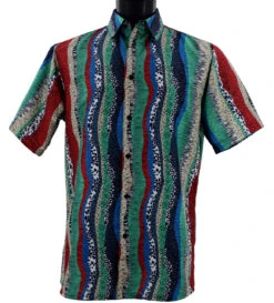 Bassiri Short Sleeve Camp Shirt - Green Fancy Streamer Design
