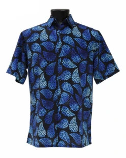 Bassiri Short Sleeve Camp Shirt - Black & Royal Blue Fancy Paisley Design