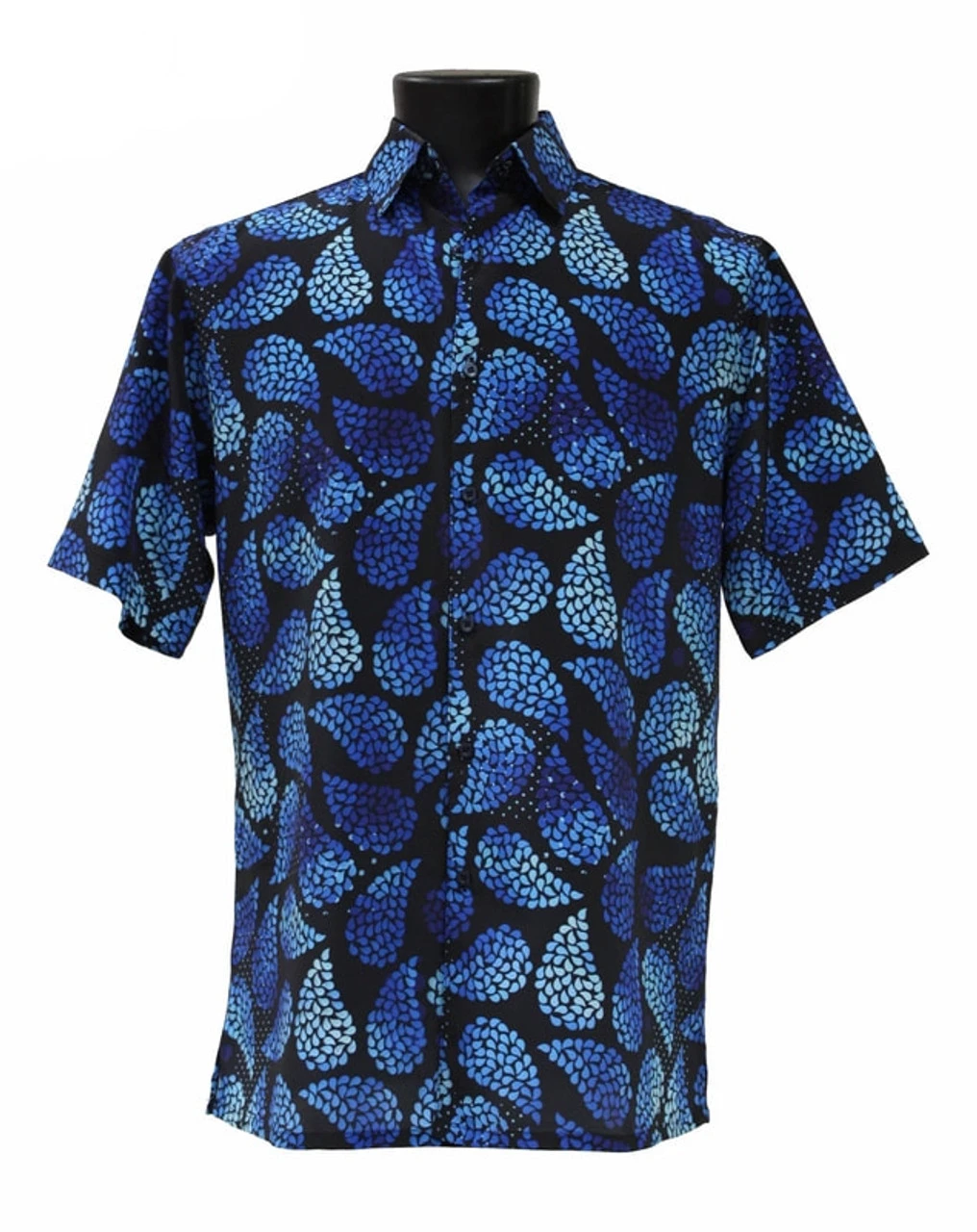 Bassiri Short Sleeve Camp Shirt - Black & Royal Blue Fancy Paisley Design 3 Bassiri Short Sleeve Camp Shirt - Black & Royal Blue Fancy Paisley Design